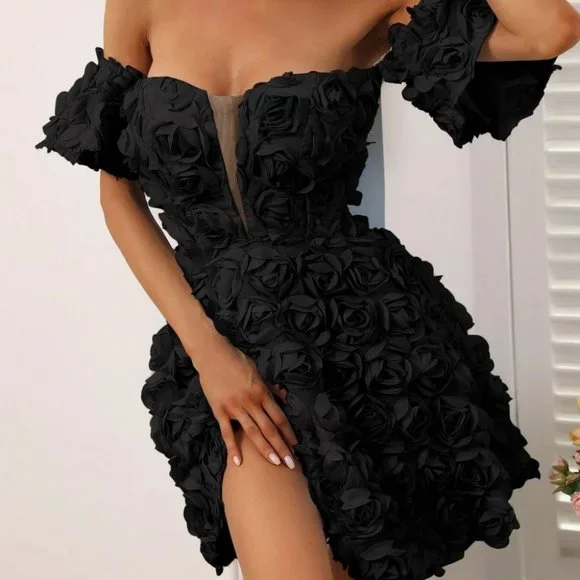 Black Preppy Womens Off Shoulder Contrast Mesh Appliques Dress - Picture 4 of 5